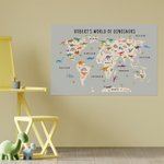 Carte du monde des dinosaures art mural personnalisé, poster éducatif pour enfants