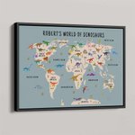 Carte du monde des dinosaures art mural personnalisé, poster éducatif pour enfants