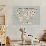 Carte du monde des dinosaures art mural personnalisé, poster éducatif pour enfants