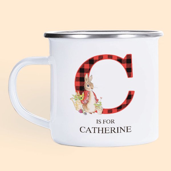 Tasse Émaillée avec Motif Lapin Personnalisée avec Nom et Lettre à Plaid Carreaux Cadeau d'Anniversaire de Pâques pour Enfant