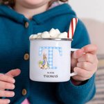 Personalized Peter Rabbit 12oz Enamel Mug with Plaid Letter and Name Easter Birthday Gift for Kid