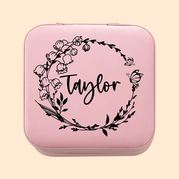 Boîte à Bijoux en Cuir PU Personnalisée avec Fleur de Naissance Cadeau Fête Anniversaire pour Femme