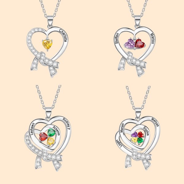 Personalisierte Herz Halskette mit 1-4 Geburtssteinen und Namen Jahrestag Geburtstag Muttertag Geschenk für Damen Mama
