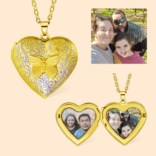 Personalized Purple Butterfly Heart Shaped Photo Necklace Dainty Jewelry Mother's Day Birthday Gift for Women Girls