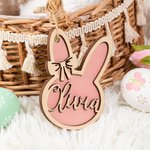 Personalisiertes Niedliches Kaninchen Holzanhänger mit Namen Schleife Osterkorb Hase Ornament Ostern Geschenk für Kinder