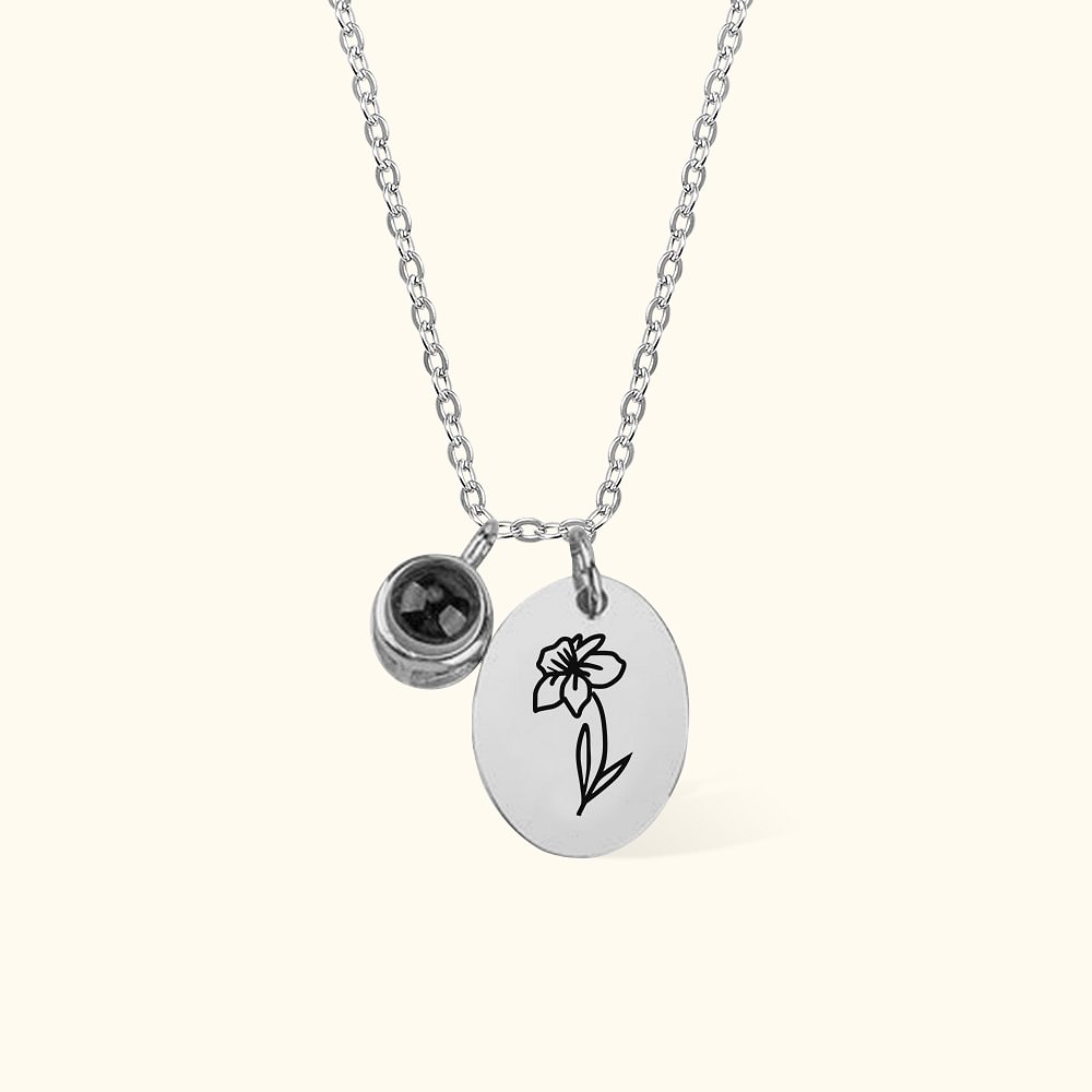Collier de Projection Personnalisé avec Photo et Fleur de Naissance Je T'aime en 100 Langues Cadeau d'Anniversaire pour Femme