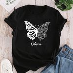T-shirt Sweatshirt Personnalisé avec Nom et Fleur de Naissance Vêtement à Motif Moitié Papillon Moitié Fleurs Cadeau Anniversaire Fête pour Femme