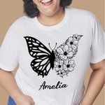 T-shirt Sweatshirt Personnalisé avec Nom et Fleur de Naissance Vêtement à Motif Moitié Papillon Moitié Fleurs Cadeau Anniversaire Fête pour Femme