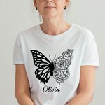 T-shirt Sweatshirt Personnalisé avec Nom et Fleur de Naissance Vêtement à Motif Moitié Papillon Moitié Fleurs Cadeau Anniversaire Fête pour Femme
