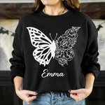 T-shirt Sweatshirt Personnalisé avec Nom et Fleur de Naissance Vêtement à Motif Moitié Papillon Moitié Fleurs Cadeau Anniversaire Fête pour Femme
