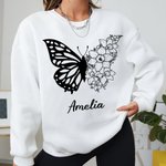 T-shirt Sweatshirt Personnalisé avec Nom et Fleur de Naissance Vêtement à Motif Moitié Papillon Moitié Fleurs Cadeau Anniversaire Fête pour Femme
