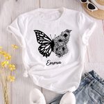 T-shirt Sweatshirt Personnalisé avec Nom et Fleur de Naissance Vêtement à Motif Moitié Papillon Moitié Fleurs Cadeau Anniversaire Fête pour Femme
