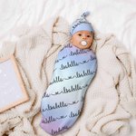 Personalized Rainbow Name Baby Swaddling Blanket with Hat Set Gifts for Newborn Gift