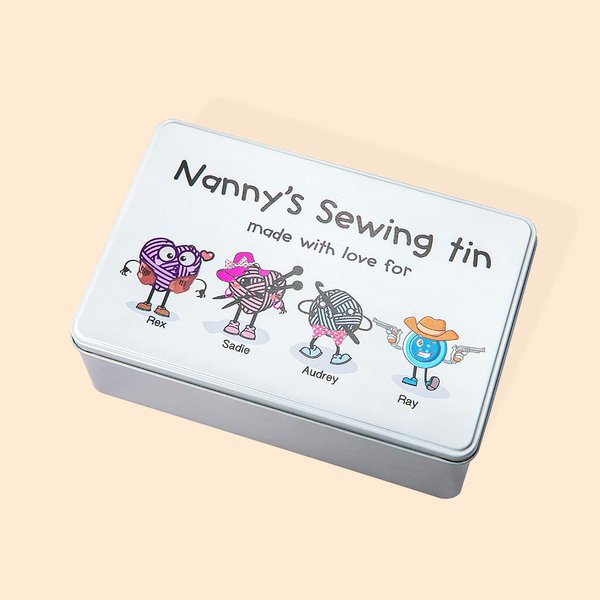 Lata personalizada para guardar el kit de costura con un personaje de dibujos animados de costura