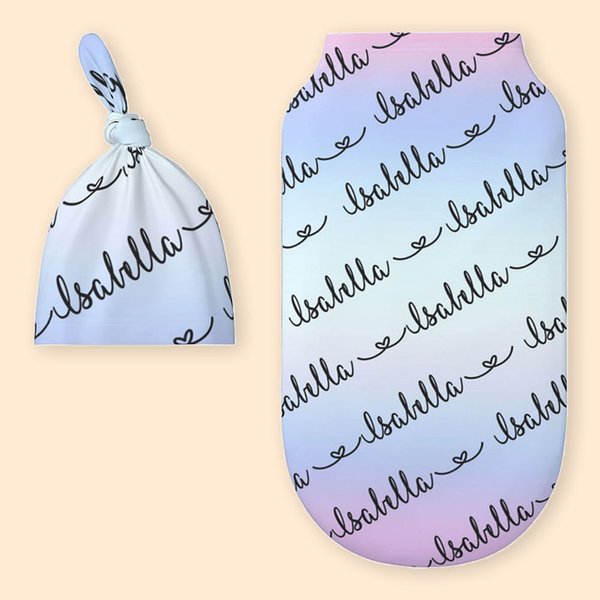 Personalisierte Regenbogen-Namen-Baby-Wickeldecke mit Hut-Set-Geschenken
