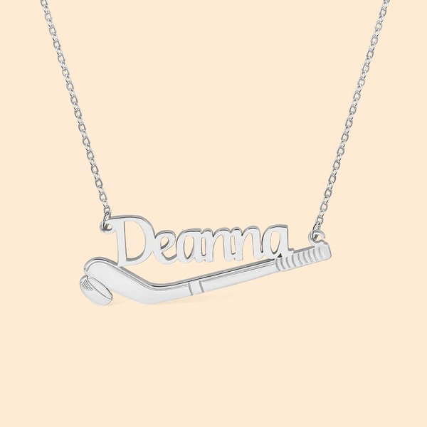 Collier Personnalisé avec Prénom Horizontal Pendentif de Hockey sur Glace Cadeau Anniversaire Fête des Mères pour Amateur de Sport