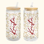 Gobelet en verre léopard réutilisable personnalisé avec couvercle en bambou et paille 20oz