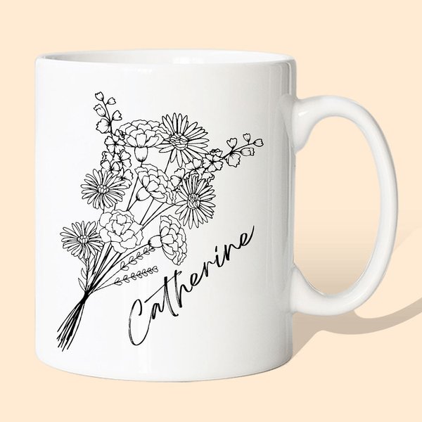 Tasse à Café Personnalisée avec 1-10 Noms et Fleurs de Naissance Mug Céramique de Bouquet Cadeau Anniversaire Fête pour Femme