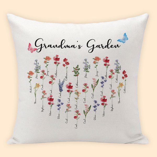 Taie d'Oreiller Personnalisée avec Nom et Fleur de Naissance Cadeau de Famille pour Grand-mère Mère