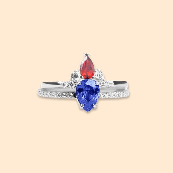 Set di due anelli personalizzati con pietra di nascita Anelli di famiglia con pietra a goccia