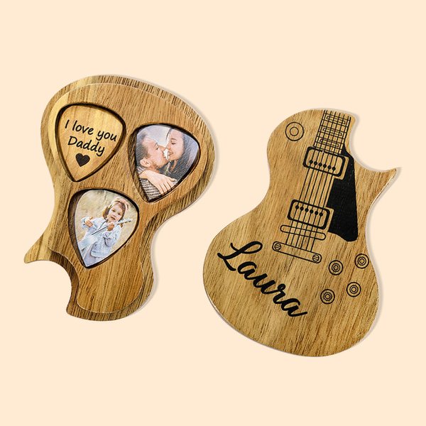 Gepersonaliseerde Houten Gitaarstokjes met Opbergkoffer met Tekst Fotogeschenk voor Gitaarspeler Muzikant Verjaardagsgeschenk Idee
