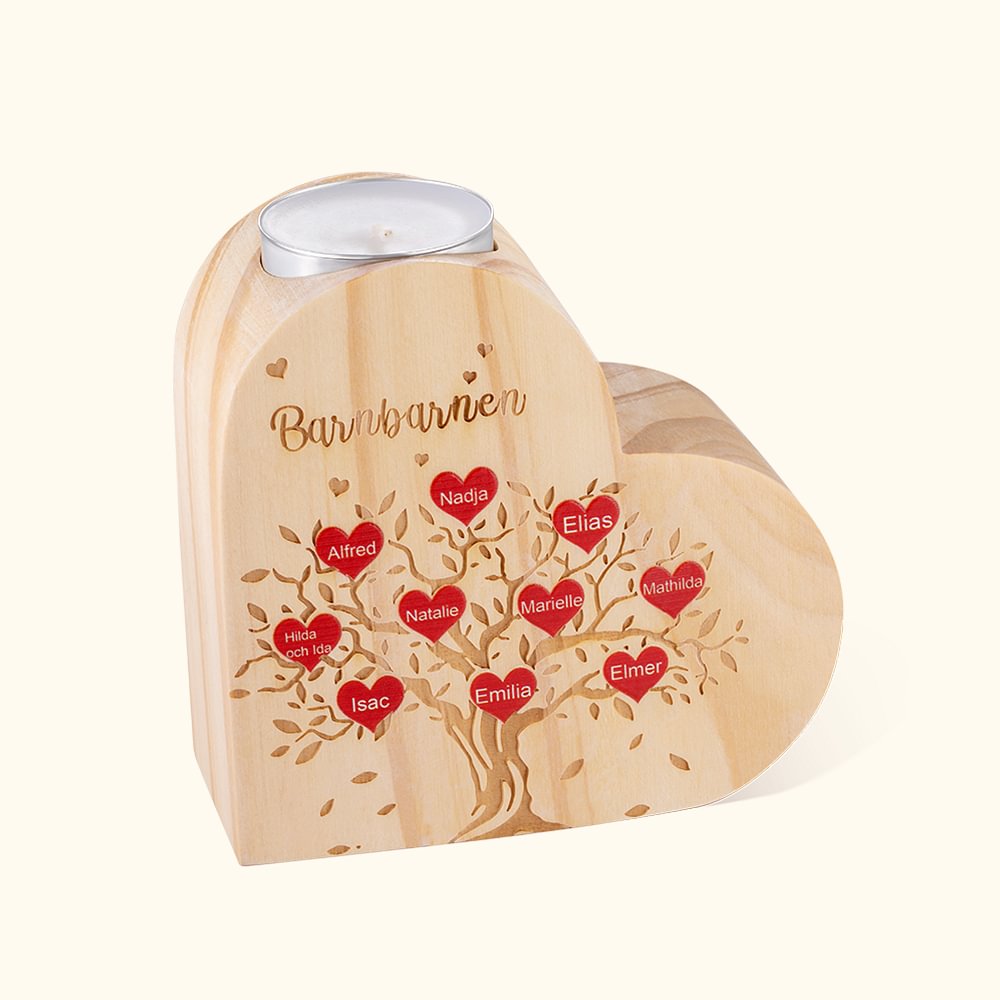 Bougeoir en bois personnalisé en forme de cœur avec motif d'arbre généalogique