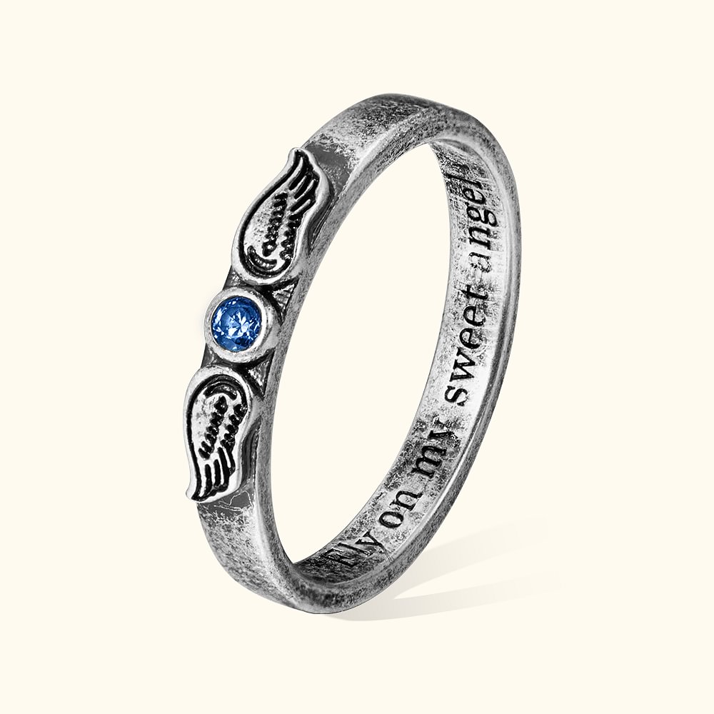 Bague Vintage d'Ailes d'Ange Personnalisée avec Pierre de Naissance et Gravure Cadeau Commémoratif pour Elle
