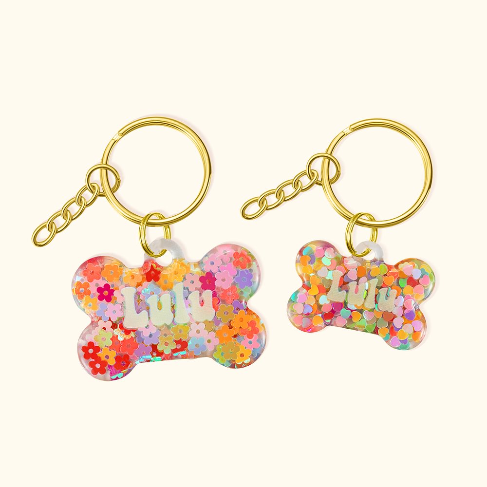 Personnalisé Flowers Love Heart Pet Tag Dog Tag Cat Tag Resin Iridescent Sequins Pet ID