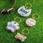 Personalised Flowers Love Heart Pet Tag Dog Tag Cat Tag Resin Iridescent Sequins Pet ID
