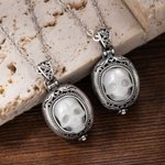 Personalized Vintage Gothic Carved Pearl Skull Locket Necklace with Text Halloween Day of the Dead Gift for Gothic Enthusiast