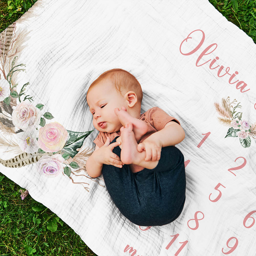 Couverture Douce Personnalisée avec Fleurs et Nom Thème Suivi de Coissance Mensuelle Cadeau pour Nouveau-Né