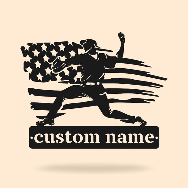 Personalizado jugador de béisbol con la bandera americana Metal Wall Art Home Decor