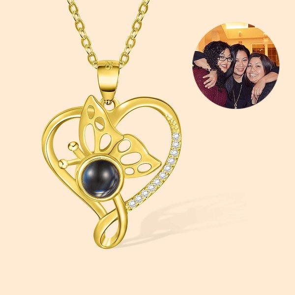 Personalisierte Herz Schmetterling Projektion Foto Halskette mit Ich liebe dich in 100 Sprache