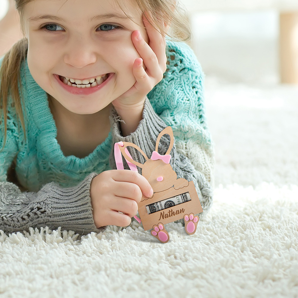Personalized Rabbit Bunny Money Holder Basket Tags with Engraved Name