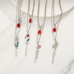 Personalized Double Layered Birth Flower Necklace with Birthstone for Birthday Mother's Day Gift