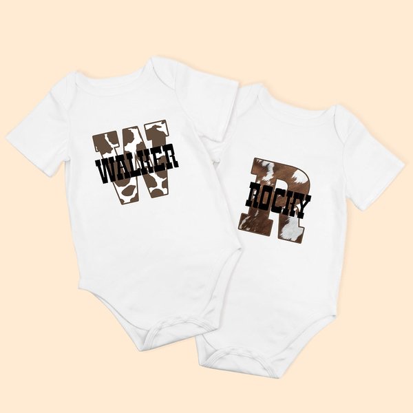 Personalized Cowhide Cowboy and Cowgirl Baby Onesie with Name for Coming Home Outfit Newborn Baby Shower Gift