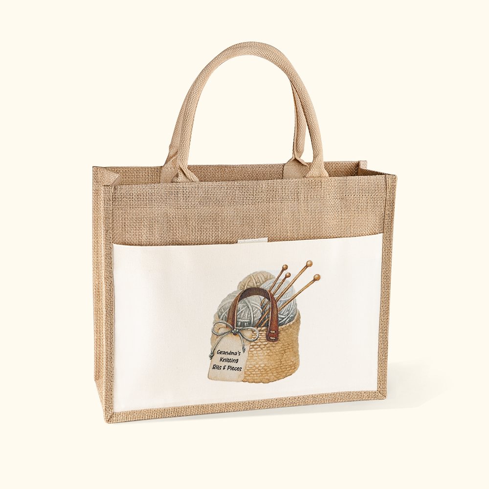 Sac en Jute Personnalisé avec Texte sur Motif de Sac Pelote Sac Rangement de Grande Capacité Cadeau pour Grand-Mère Amoureuse de Tricot