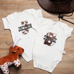 Personalized Cowhide Cowboy and Cowgirl Baby Onesie with Name for Coming Home Outfit Newborn Baby Shower Gift