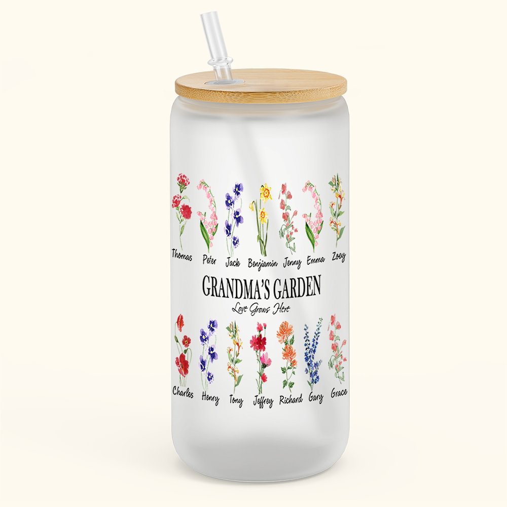 Verre Personnalisé avec 1-28 Noms et Fleurs de Naissance Thème Jardin Familial Cadeau Anniversaire Fête pour Maman Grand-Mère