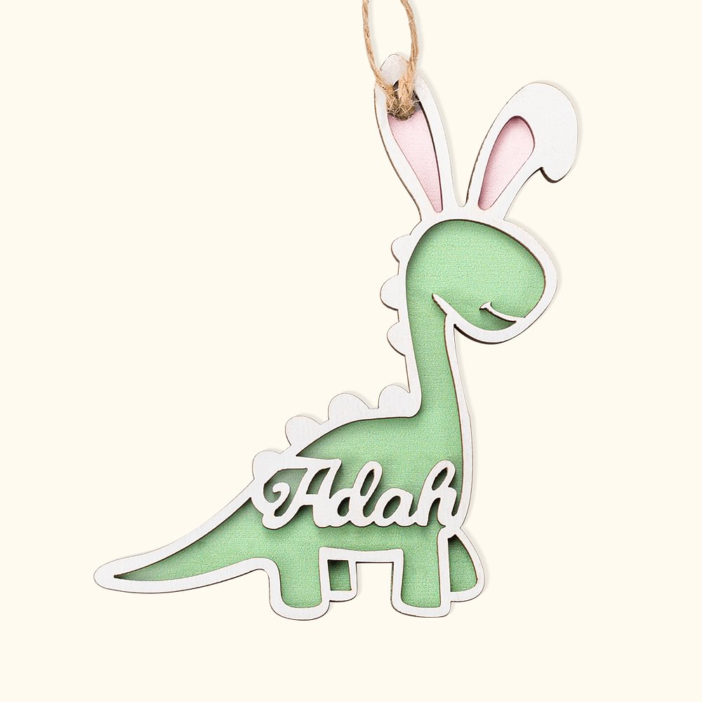 Etiquette en Bois Porte-nom de Dinosaure avec Oreilles de Lapin Décoration Personnalisée avec Nom Cadeau de Pâques pour Enfants pour Panier de Pâques