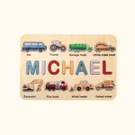Personalized Engineering Vehicles Puzzle Board with Name Montessori Toy Gift for Kids