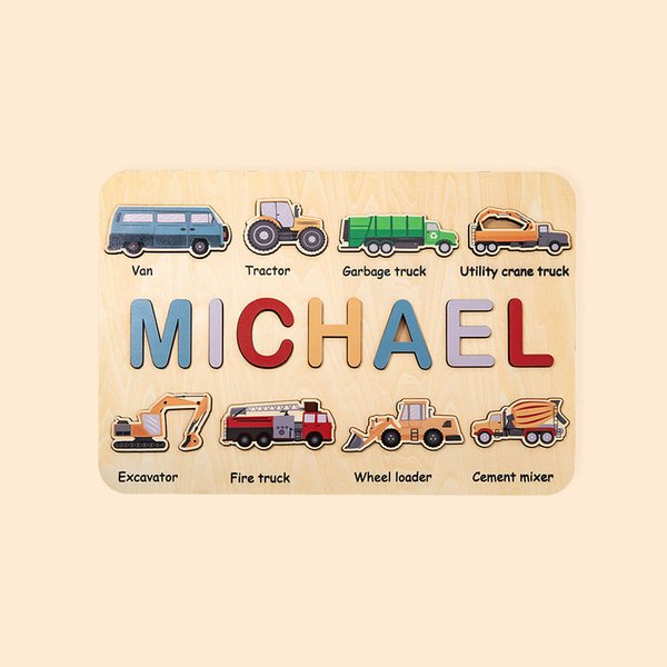 Personalized Engineering Vehicles Puzzle Board with Name Montessori Toy Gift for Kids