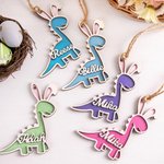 Personalised Cute Dinosaur with Bunny Ears Wooden Easter Basket Name Tag Easter Decor Gift for Kids