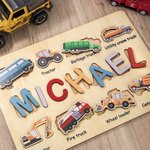 Personalized Engineering Vehicles Puzzle Board with Name Montessori Toy Gift for Kids