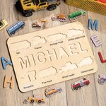 Personalized Engineering Vehicles Puzzle Board with Name Montessori Toy Gift for Kids