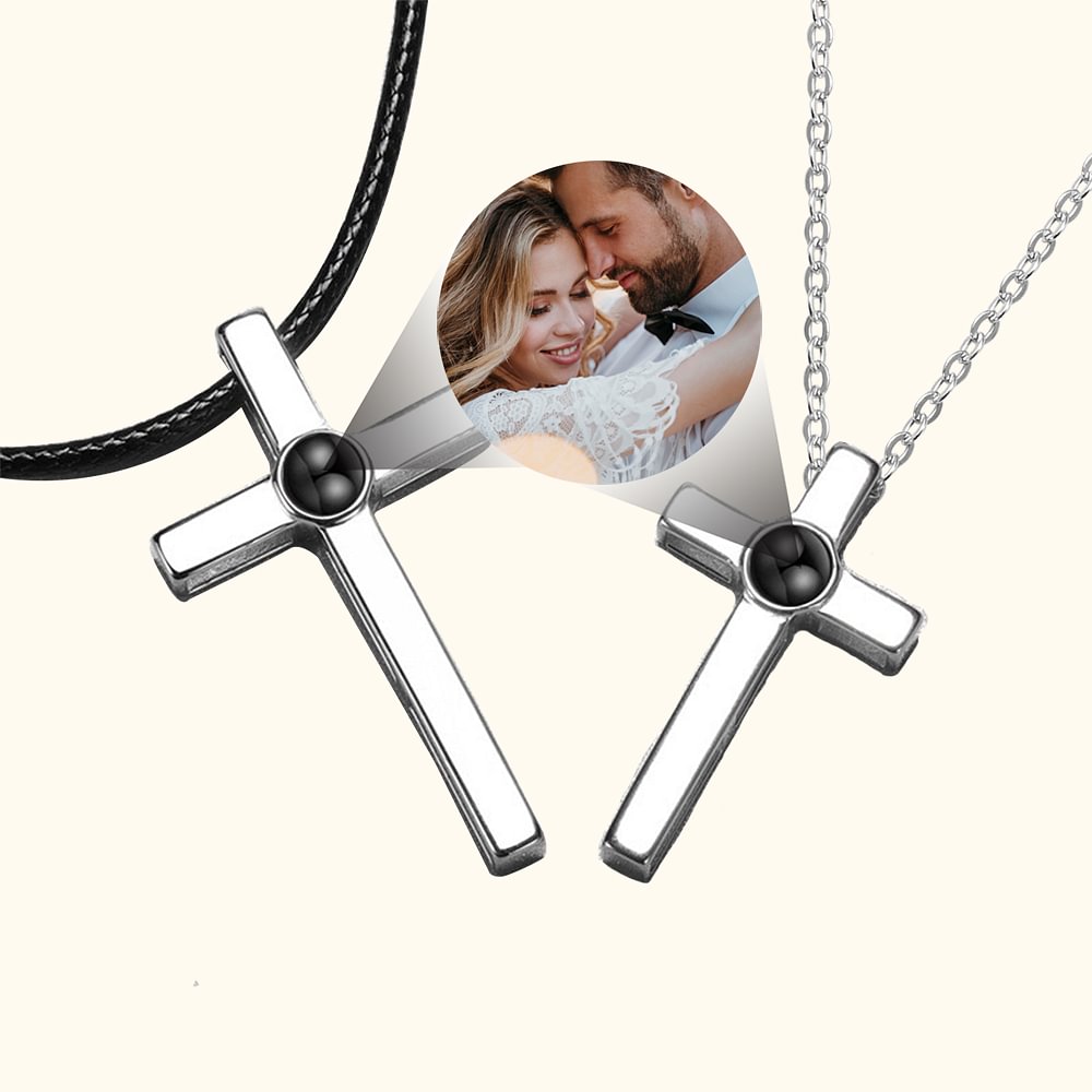 Collier Projection Personnalisée avec Photo Entourée de I Love You en 100 Langues Collier de Croix pour Couple