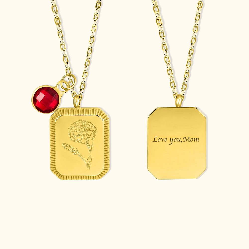 Collier Personnalisé avec Pierre de Naissance Fleur Vintage et Texte Collier Carré Cadeau d'Anniversaire pour Elle