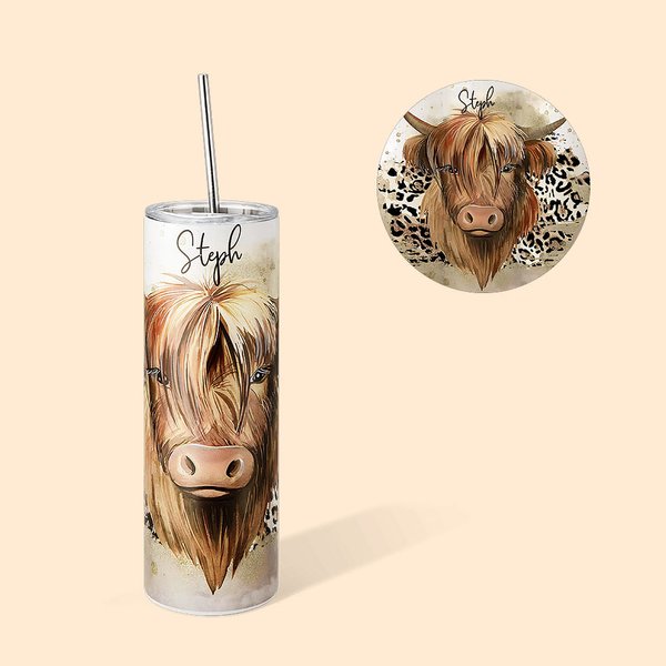 Vaso personalizado Highland Cow 20oz con pajita y nombre Regalo de Navidad y Cumpleaños para los amantes de las vacas Highland