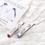 Personalised Penguin Matching Heart Couple Necklaces with Engraved Names Set of 2 Birthstone Jewellery Valentine's Day Anniversary Gift for Loved One