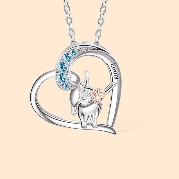 Personligt halsband med födelsesten och namn för mor, dotter, flickvän och ko med hjärta från Highland Jewelry Gift